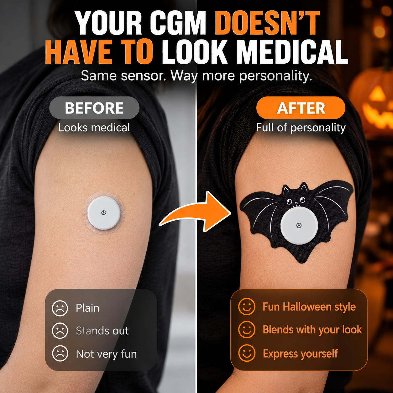 CGM sensor before and after adding Halloween bat overpatch
