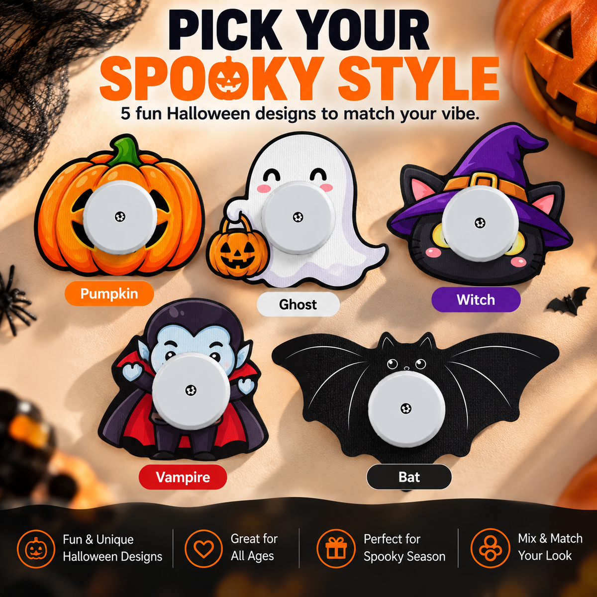 Pumpkin ghost witch vampire and bat Halloween CGM overpatch designs