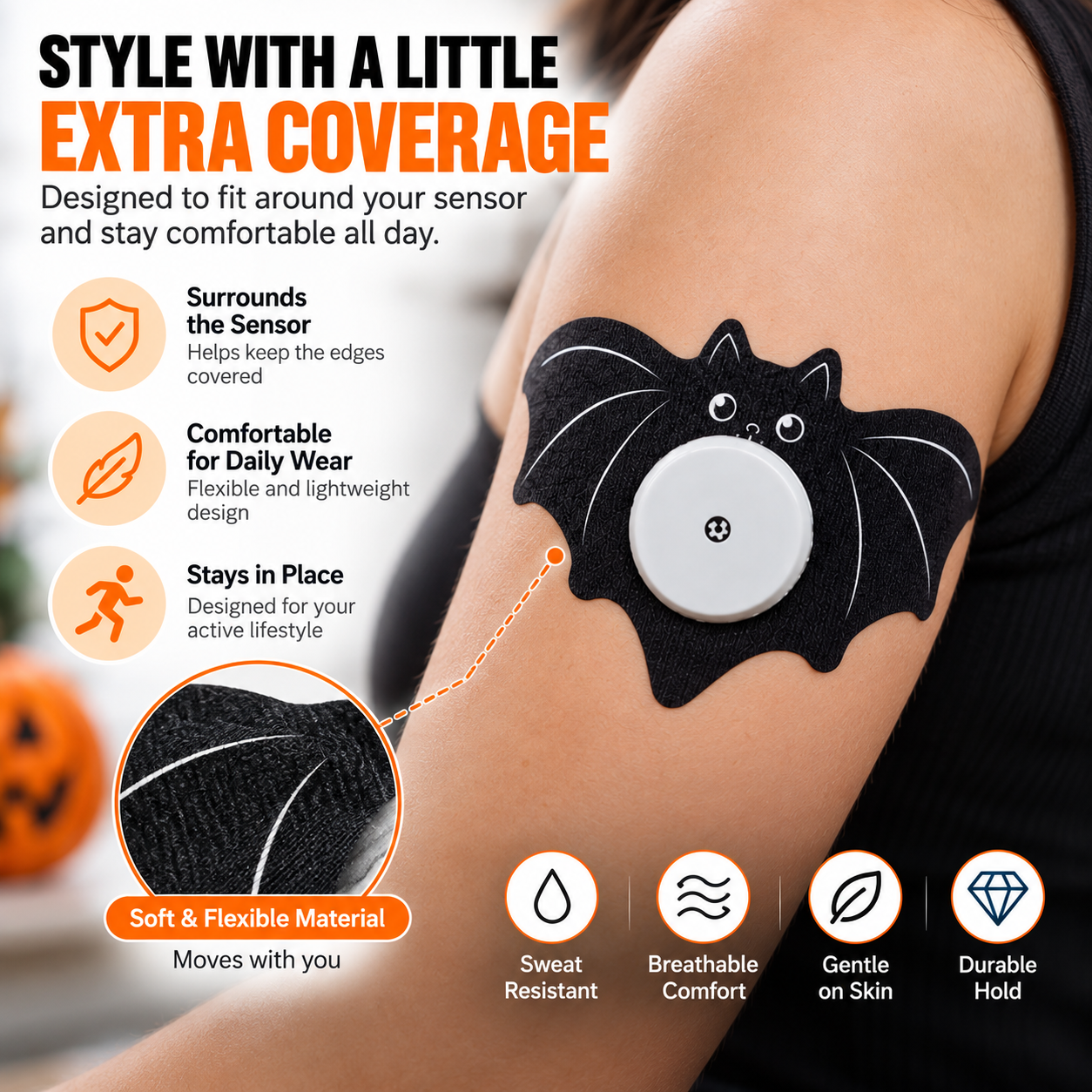 Flexible black bat CGM overpatch surrounding sensor