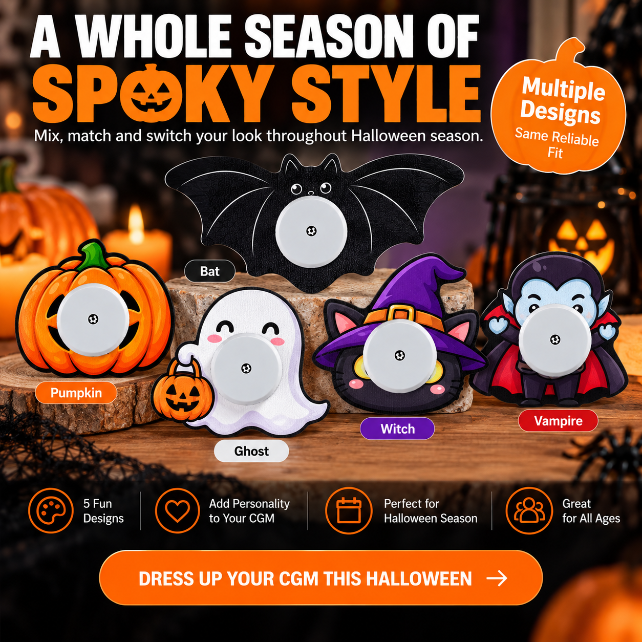 Five Halloween CGM overpatch designs including pumpkin ghost witch vampire and bat